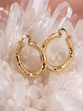 Gold Textured Hoop Earrings - Women Jewelry